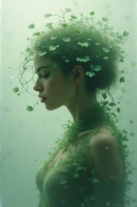 Delicate intricate leaf veins resembling delicate brushstrokes as tendrils of foliage swirl around the figure blurring the linee and environment agents a backdrop raindrops 