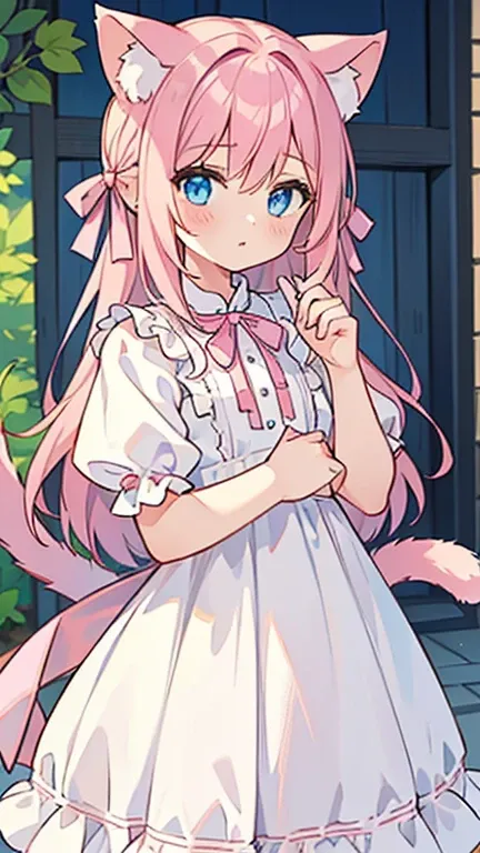 (( A girl with pink hair and blue eyes )),((A girl with cat ears and cat tail )),(( Im wearing a white dress with a small pink ribbon)),bangs, Hair between the Eyes 