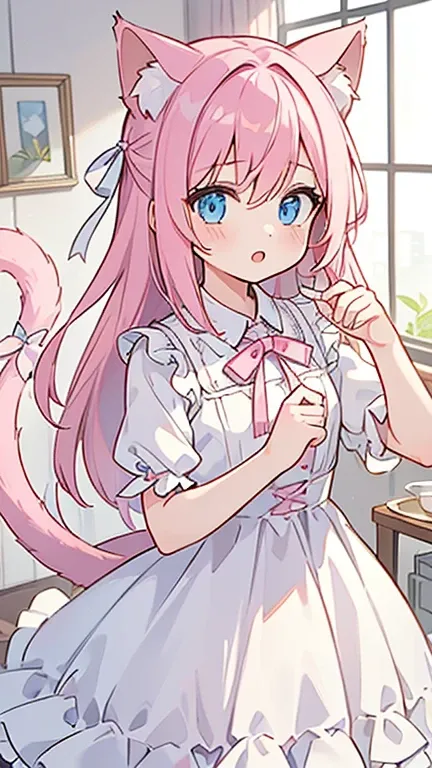 (( A girl with pink hair and blue eyes )),((A girl with cat ears and cat tail )),(( Im wearing a white dress with a small pink ribbon)),bangs, Hair between the Eyes 