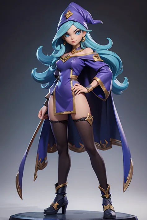 Q version of League of Legends Vi figure, wearing tight wizard costume, off the shoulder, standing with one hand on hip and legs spread apart, full length view,