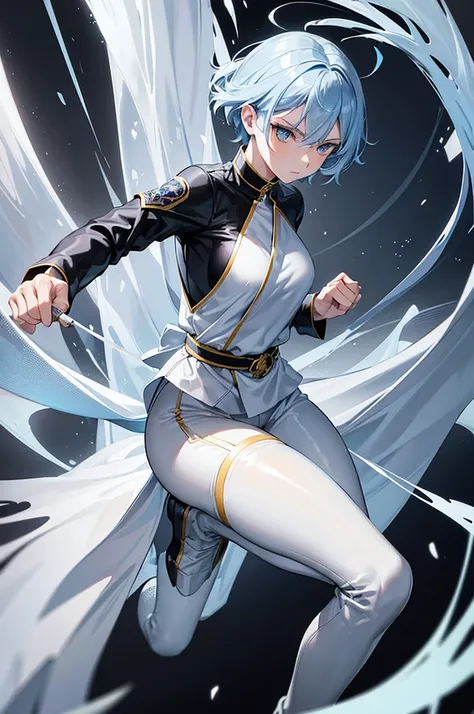 Short sky blue hair 、 golden eyes、 a woman with a sharp gaze
silver martial arts uniform、 silver pants 、Long black boots、 wears a golden bandage on both fists 。
 wears a sacred amulet around her neck 、 one fist in front 。
Minimal background, plain white