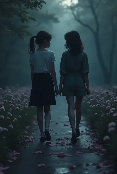 Two girls facing away from each other while they walk in different directions, ignoring the others presence as if they were never really there like friends who ended up as strangers. Sideview, scenery of black and violet flowers