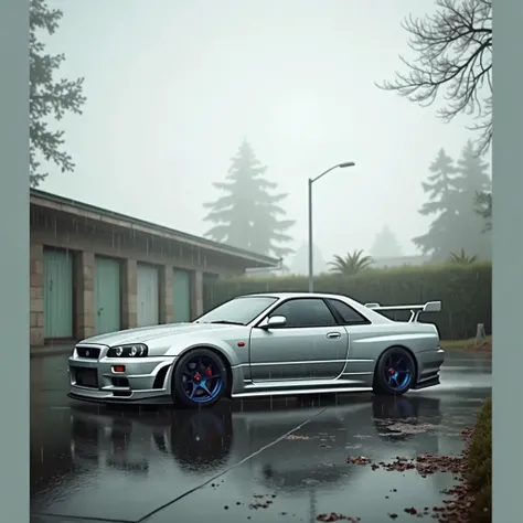   masterpiece , Nissan skyline GTR r34 in the rain gray car with blue stripes 