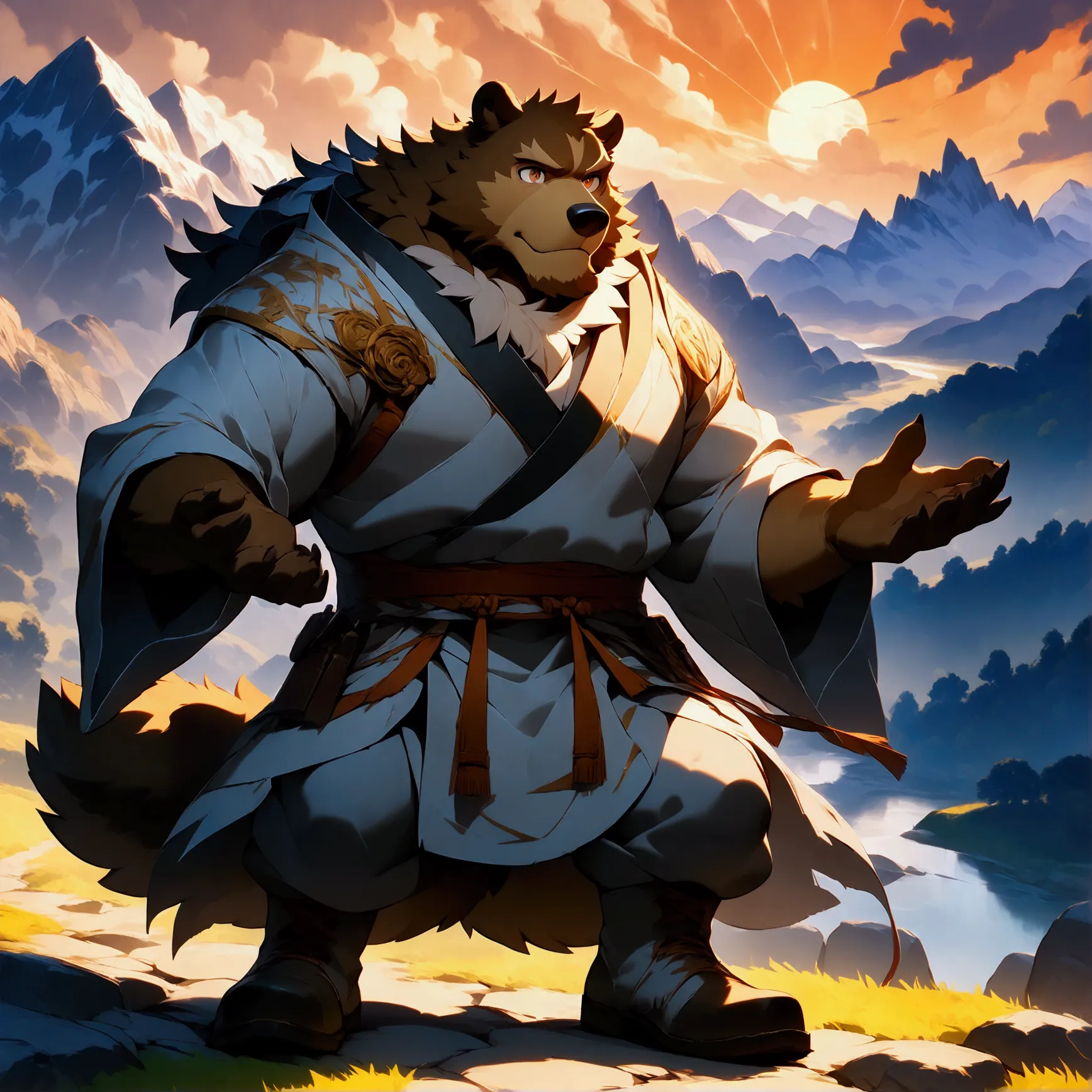 character focus, full body, looking away, various angle, european fantasy, wizard, a muscular middle-aged bear man, heroic costu...