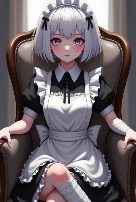 1girl, apron, armchair, bandaged arm, bandaged leg, bandages, bangs, black dress, black footwear, blush, bow, chair, closed mout...