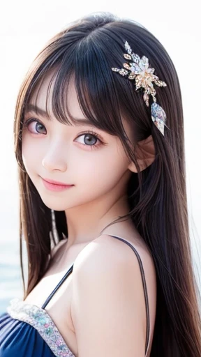 (Very beautiful  cutegirl), (very  cute face:1.2),12 yo, (sparking crystal clear attractive large eyes), best looks, Beautiful detailed eyes, Detailed double eyelids, (smiling), (realistic photograph:1.2), long straight hair,shiny metallic dark blue high-s...