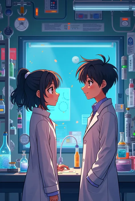 A middle school girl wearing a Japanese comic movie style and a man who is a researcher are talking in the lab