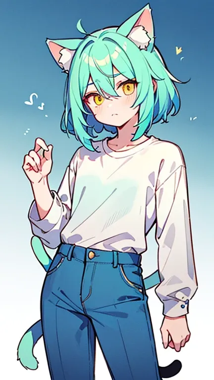 ((Mint color, A man with blue gradient hair and yellow eyes)),(( I have cat ears and cat tail )),((Im wearing a white long-sleeved shirt )),((  Im wearing blue pants )),bangs, Head between eyes 