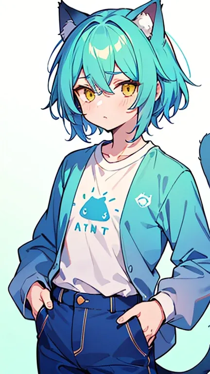 ((Mint color, A man with blue gradient hair and yellow eyes)),(( I have cat ears and cat tail )),((Im wearing a white long-sleeved shirt )),((  Im wearing blue pants )),bangs, Head between eyes 