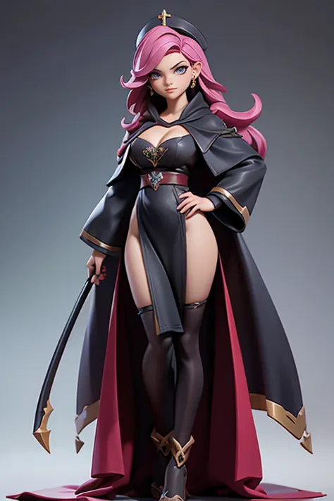 Q version of League of Legends Vi figure, wearing tight clergy robe, cleavage, standing with one hand on hip and legs spread, full length view,