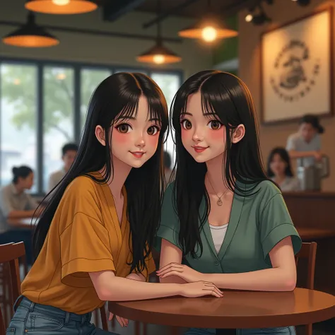 Two young northeastern Thai women with sweet faces, beautiful smiles, long black hair, dressed in modern style, sitting in a cafe