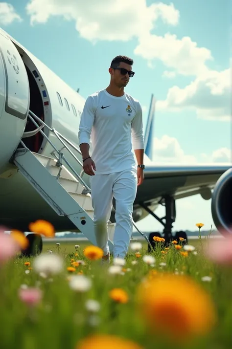 A photo of Cristiano Ronaldo descending from an airplane. He is wearing a white jersey and white trousers. He is wearing black sunglasses. The airplane lands on a grassy field filled with blooming flowers. The sky behind the airplane is cloudy and blue, cr...