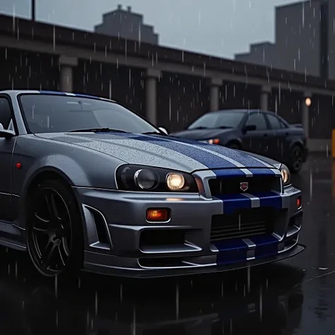   masterpiece , Nissan skyline GTR r34 in the rain gray car with blue stripes 