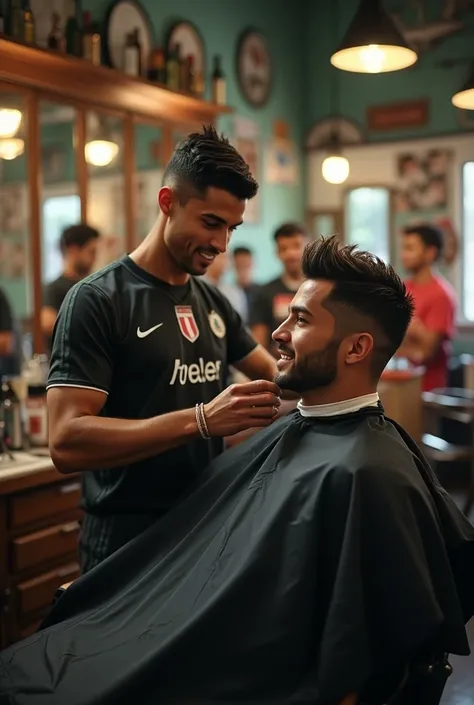 In a lively barber shop, Cristiano Ronaldo is giving ISHOWSPEED  a stylish haircut. The scene is filled with laughter and camaraderie, with Ronaldo focused on cutting ISHOWSPEEDs hair while ISHOWSPEED sits in the barber chair, smiling and relaxed. The back...