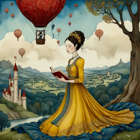 A whimsical watercolor painting by kelly vivanco, Edmund Dulac, Catrin Welz-Stein. An elegant woman, in a long mustard yellow dress decorated with intricate blue embroidery, reads a book lying on a red patchwork blanket.  I set a great plain with knights f...