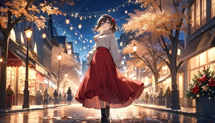 (Highest quality:1.5)、(Super detailed:1.5)、(Highest quality写真:1.5)、Street sidewalk where fallen leaves dance、Look back、 Christmas illuminations 、 fantastic and very beautiful background 、  very delicate and beautiful、  very detailed、8K resolution、  elegant...