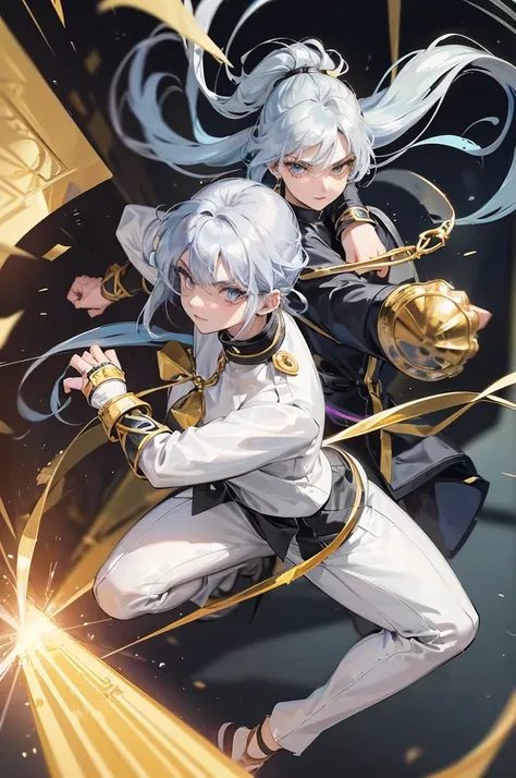 A woman with short sky blue hair, golden eyes, and a piercing gaze.
She wears a silver martial arts uniform, silver pants, and long black boots.
She has golden bandages wrapped around both of her fists, a sacred amulet around her neck, and one fist held ou...