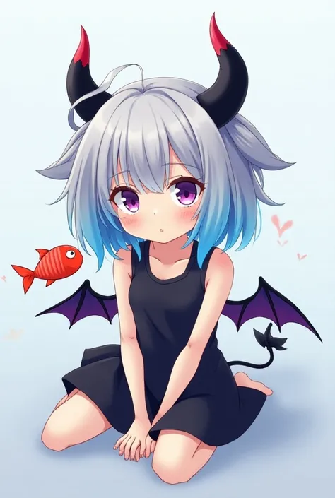 ANIME, A SHORT GIRL WITH GRAY HAIR WITH BLUE TIPS, BLACK HORNS WITH RED TIPS, LIGHT PURPLE EYES, BLACK WINGS, RED FISH