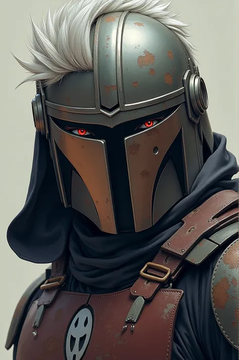 A very handsome man this man has white hair in the anime hair style and red eyes this man is a Mandalorian warrior wearing Mandalorian armor he is peeking under his helmet with a murderous look 