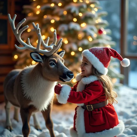 A charming little Santa girl, adorned with a sparkling red hat and a white fur-trimmed coat, beams with joy as she playfully interacts with a friendly reindeer in front of a majestic Christmas tree. The tree, adorned with twinkling lights and ornaments, st...