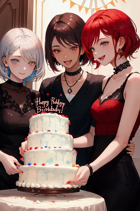 A young man with short brown hair at the center,A girl with silver hair and a lady with red hair celebrate,Birthday Cake,smile