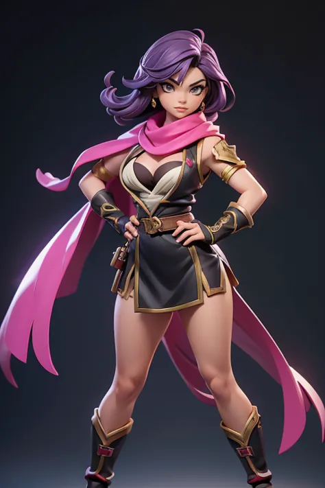 Q version of League of Legends Vi figure, female martial artist wearing costume, scarf, cleavage, thighs visible, standing with one hand on hip and legs spread, full length view,