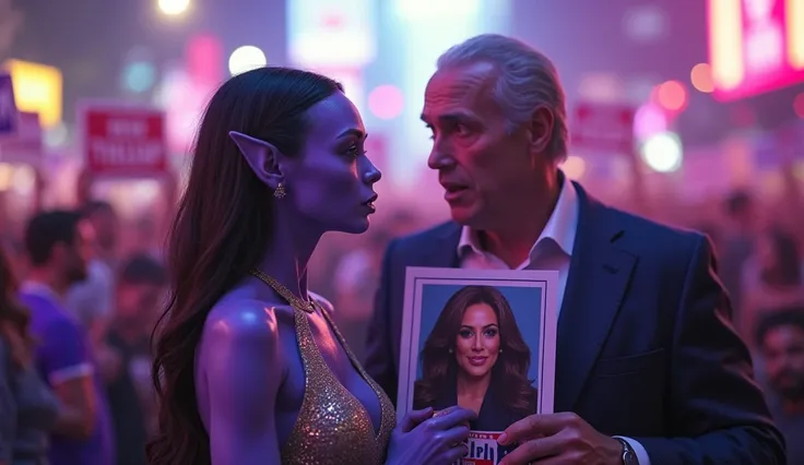 a beautiful sexy lavender skin alien girl, a detailed deep face and eyes, long hair, and a Man, they are holding a campaign flyer, and the Donald trump and Kamala Polls image on the flyer, close to each other, man explaining election process, They are surr...