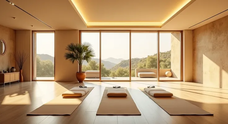 Design the interior of a luxurious rectangular yoga room 11 meters length by 5 meters wide at the first floor of a  retreat located in Rajasthan, India. The space 3 meters high. The setting blends modern luxury with natural tranquility, featuring warm tone...