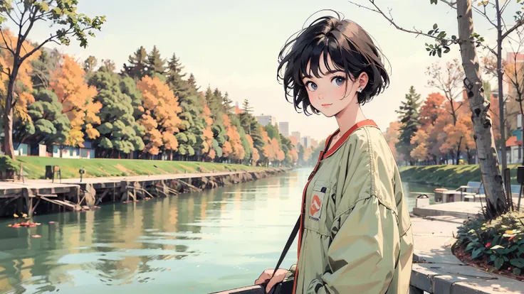 masterpiece, top quality, very detailed, absolute resolution, high resolution, Best quality, 8K, 1990s style, She is standing in the woods or River or sea in the fall season. In the image, a girl with bobbed hair is looking straight at the camera with a br...