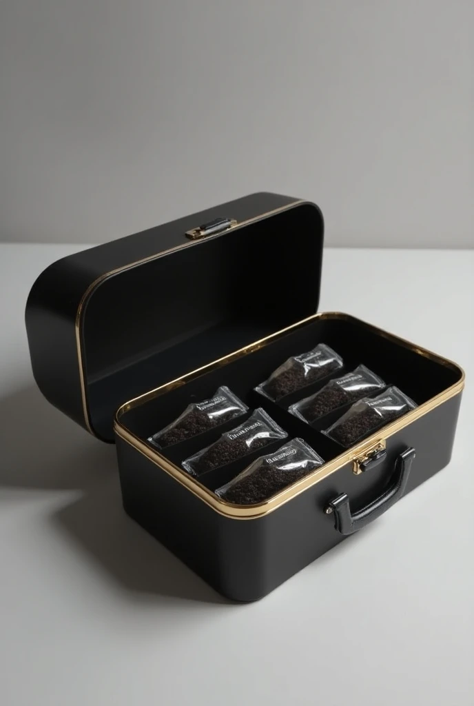 Black airplane tray, looking like a brief case without handle, having golden tapes by the edges round, consisting of 12 or more transparent sachets of bitter kola