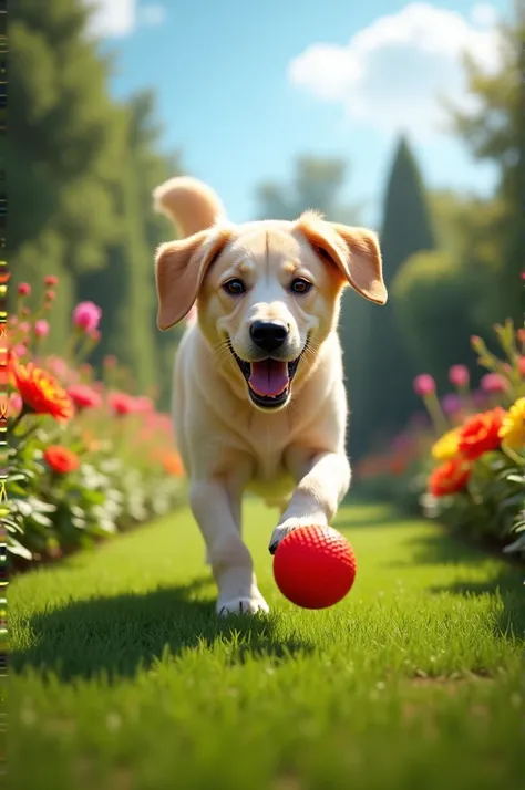 "Generate a hyper-realistic image of a playful dog, a Labrador Retriever, joyfully chasing a bright red ball in a beautifully landscaped garden. The scene should capture the dog in mid-run, with its fur glistening in the sunlight, showcasing its excitement...