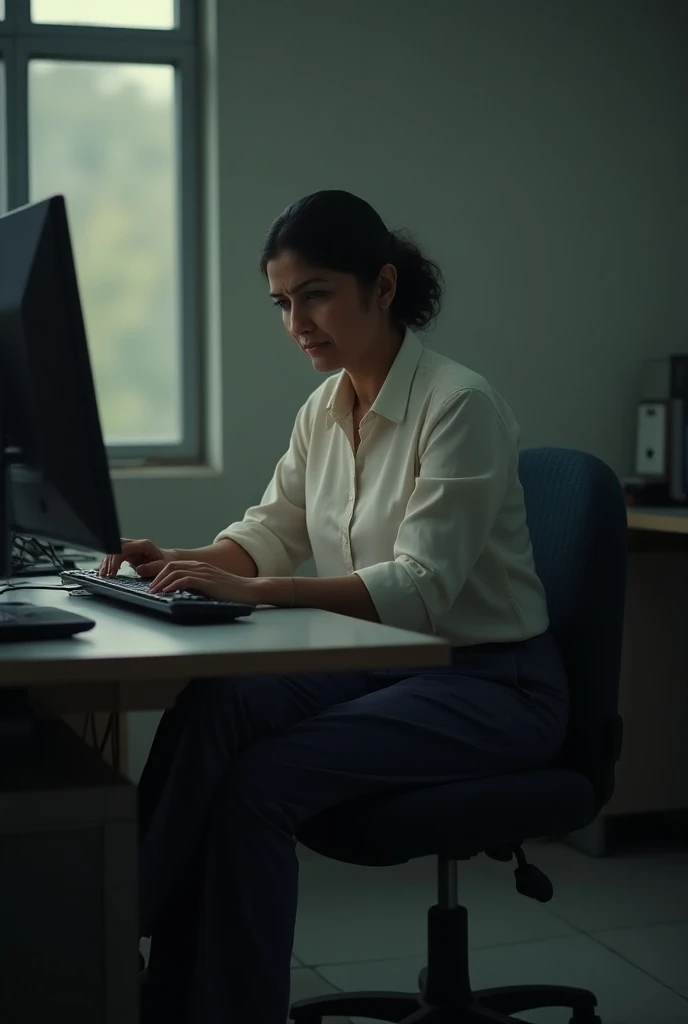 Indian wife in pant and dhirt sadly typing in computer in pffice