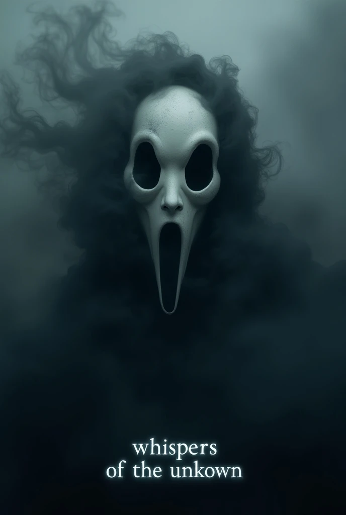 A mysterious mask with hollow eye holes, like a phantom or Venetian mask, emerging from a swirl of dark smoke. The text “Whispers of the Unknown” is embedded in the smoke below, with a faint, glowing outline around each letter. The mask appears to be slowl...