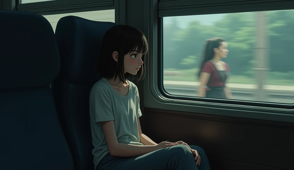 There is a girl,  shes sitting on the train ,  looking at the girl , that passes by 