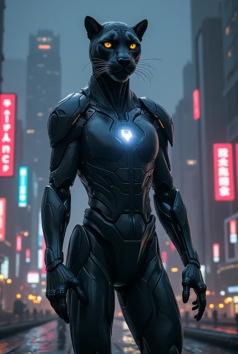 Sure! Here’s an example prompt that might inspire a similar concept:

"A strong, majestic panther standing upright in a sleek, futuristic armored suit inspired by advanced technology. The armor combines metallic black and silver elements with glowing accen...