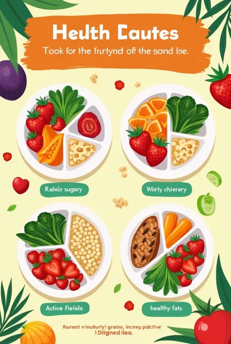 Create a simple, visually appealing poster promoting a healthy lifestyle, suitable for A4 size paper. Emphasize the importance of nutrients such as proteins, carbohydrates, and fats. Use vibrant colors and illustrations that include balanced plates with va...