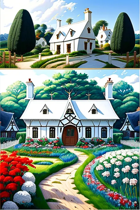 traditional house painting in medieval england 、fairy tale、vivid picture、bright white house 、 the contrast between the brown and...