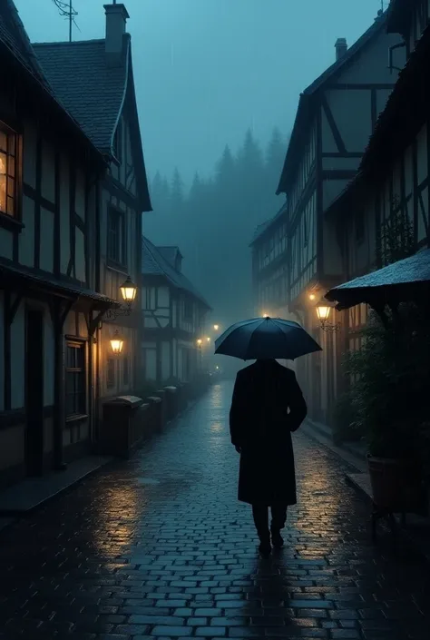 Man walks raining nighttime in picturesque village