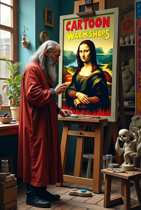 To Leonardo Da Vinci next to the painting of the Mona Lisa painting it and where on the wall that says in large cartoons you are of sculpture that says "CARTOON SCULPTURE WORKSHOPS "  AND LET THE ATMOSPHERE BE IN PICASSOS WORKSHOP