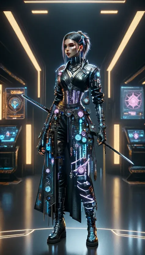 a woman in a futuristic outfit holding a sword and a sword, cyberpunk outfit, cyberpunk style outfit, cyberpunk fashion, cyberpu...