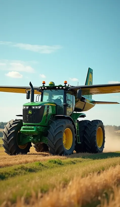 "Create an image of a unique tractor-airplane hybrid vehicle that combines the robust design of a farm tractor with the wings and engines of an airplane. The tractor has large, rugged tires and a sturdy frame for agricultural work, but it also features wid...