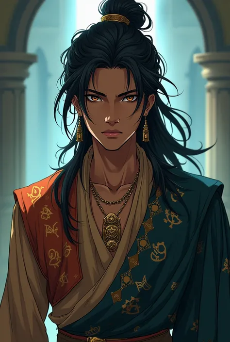 For anime
Aarav has a striking presence, with long, dark hair tied back, and piercing, light-brown eyes that seem to look through people. His attire is a blend of traditional Indian robes and modern elements, marked with intricate designs symbolizing knowl...