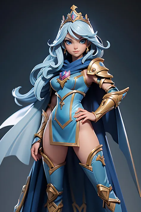 Q version of League of Legends Vi figure, wearing princess knight's armor, silver armor on bare skin, cape, large sword, thighs visible, standing with one hand on hip and legs spread, full length view,