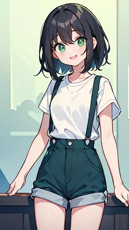 ((   A girl with light black hair and light green eyes)),(( Im wearing a white short-sleeved tee  )),((Im wearing blue suspenders )),bangs,  head between eyes , is smiling 