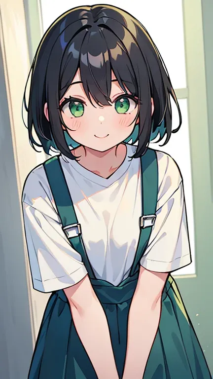 ((   A girl with light black hair and light green eyes)),(( Im wearing a white short-sleeved tee  )),((Im wearing blue suspenders )),bangs,  head between eyes , is smiling 