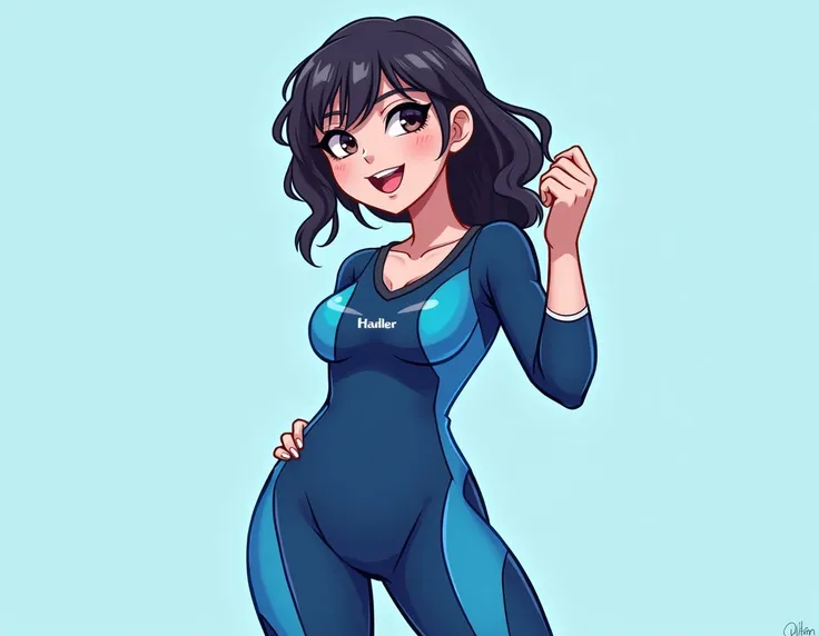 A hot beautiful cartoon girl with left side bangs with a blue and navy blue long sleeved wetsuit