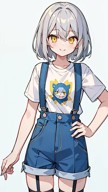 (( A girl with gray hair and yellow eyes )),((Im wearing a white short sleeve tee )),(( wearing blue suspenders and shorts holding candy)),bangs, Hair between the Eyes ,사탕을 들고있는, smiling 