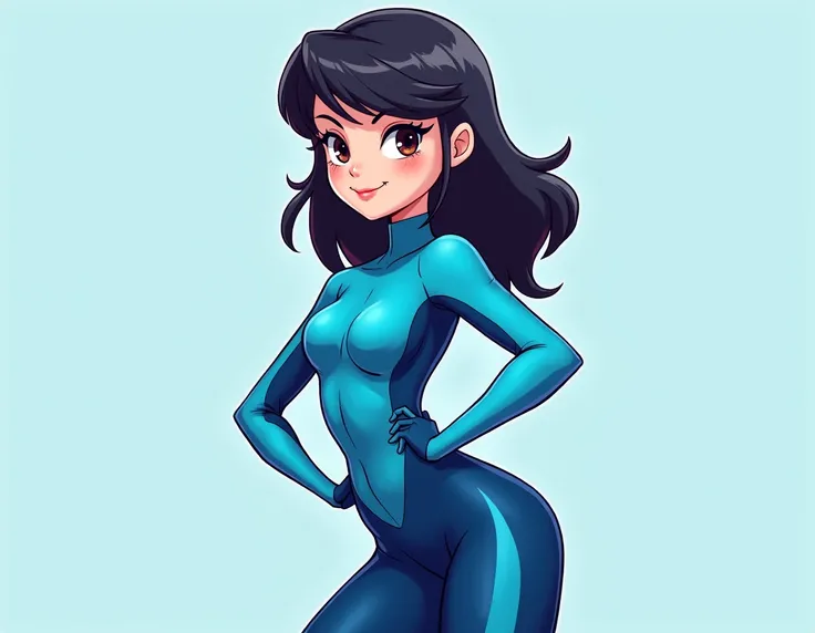 A hot beautiful cartoon girl with left side bangs with a blue and navy blue long sleeved wetsuit