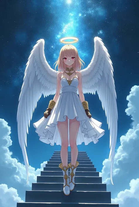 (Amazing. Super high quality. Super beautiful. Super detailed. Perfect face. Perfect eyes. Perfect anatomy. dynamic.)Japanese anime illustration. Celestial background above the clouds. A female angel with a shadowy expression is sitting halfway up a long s...