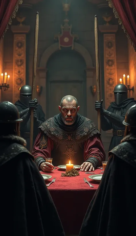 4. Vlad the Impalers Legacy: Create a dark medieval scene with Vlad the Impaler seated at a banquet, watching over a symbolic scene of soldiers setting up stakes. Emphasize the historical figure in the foreground with a shadowy landscape around.